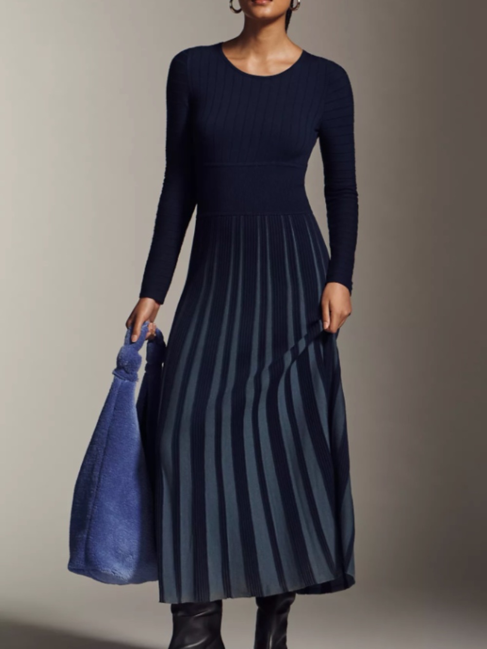 Mare Mare Long-Sleeve Slim Sweater Maxi Dress Sz S Blue Colorblock